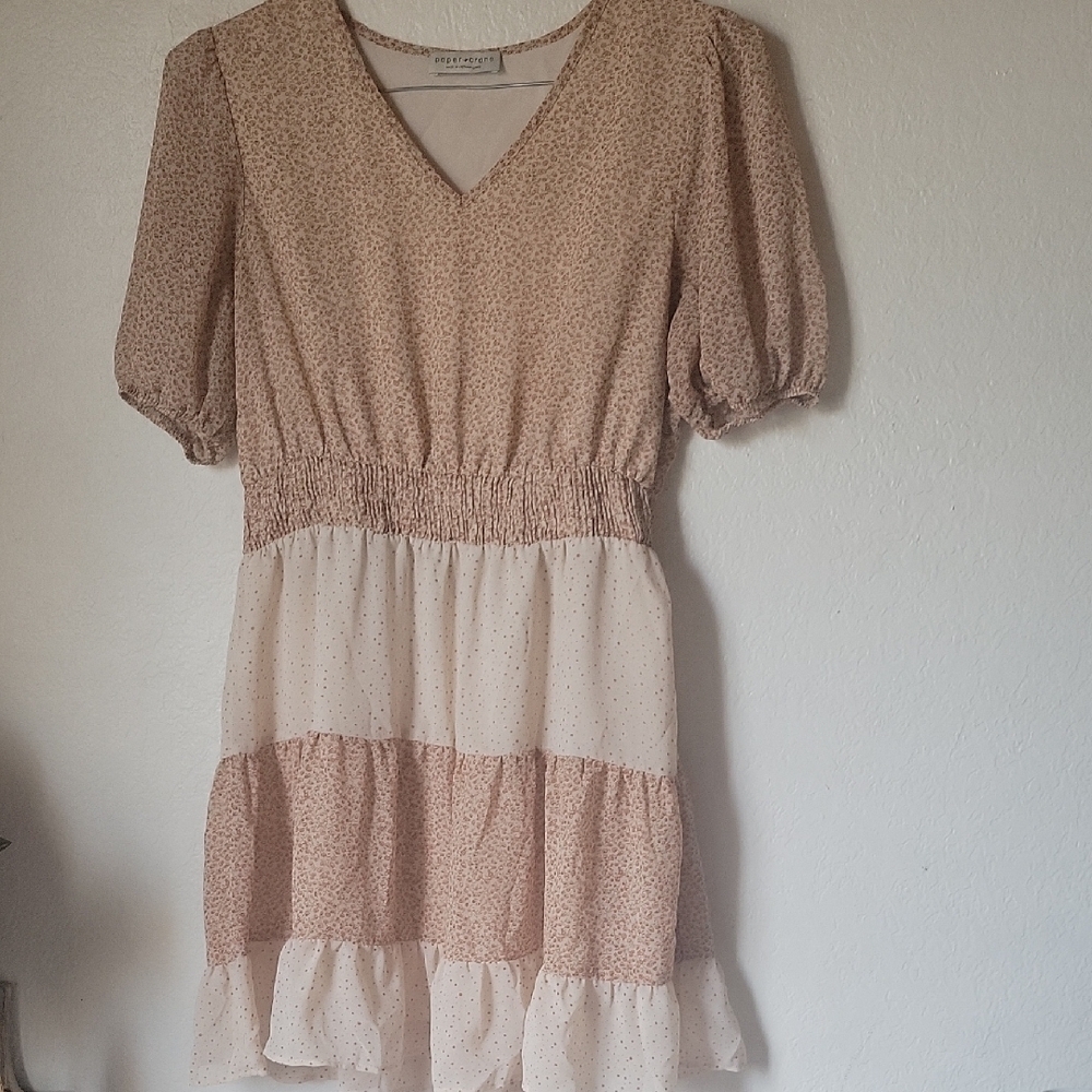 Paper Crane Tan and Cream Puff Sleeve Mini Sundress Size L
